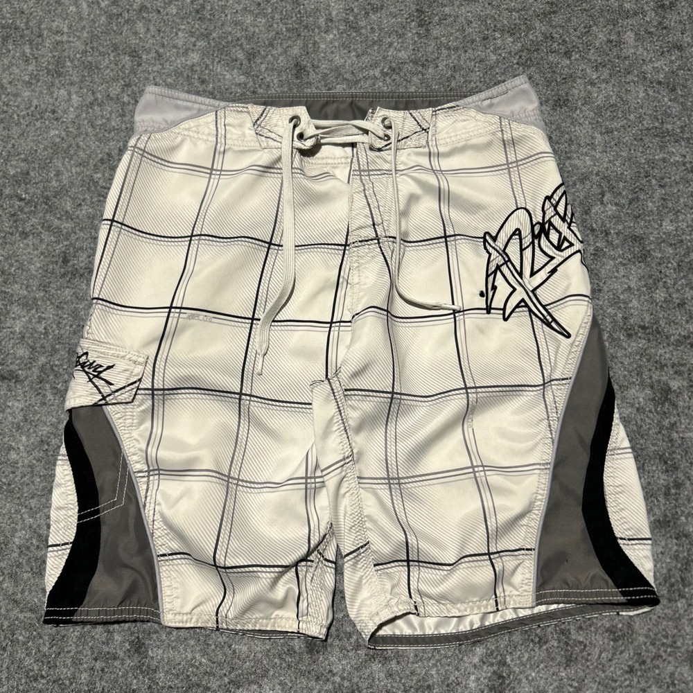 Rip Curl Plaid Board Shorts Size 30 White Grey Skater Y2K Vintage Surf Trunks